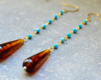 Long Earrings, Long Boho Earrings, Long Mineral Earrings, Long Turquoise Earrings, Gemstone Earrings, 14k Gold Chain Earrings,