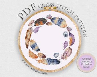 Watercolor Feathers Wreath PDF cross stitch pattern / instant download; pattern finish picture available