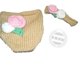 Knitted diaper cover & headband set roses photo prop ANY COLOR