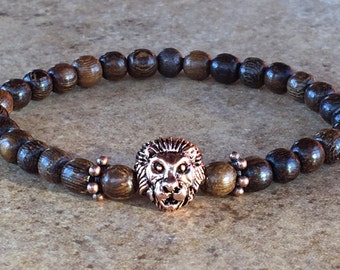 Mens Lion Bracelet,Wood Pearls Natural,Leo Bracelet,Basic Jewelry,Lion King for Men,Lion Head Bracelet,Mens Gift,Antique Copper Lion,Leo