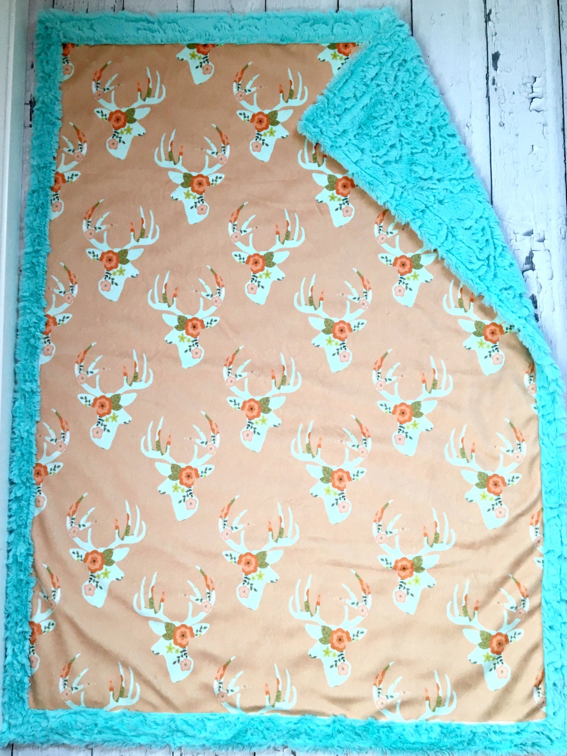 Minky Deer Baby Blanket Mint Floral Deeer Teal