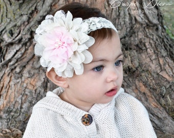 1" ivory stretch lace heardband with ivory lace flower and detailed with soft pink (BUY 3 Get 1 FREE!!)