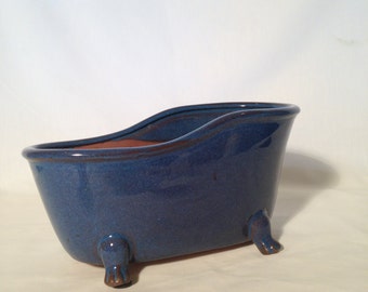 Terra Cotta bathtub shaped planter,Terra Cotta blue glaze planter,Footed Bathtub Planter,Blue footed bathtub shaped planter container