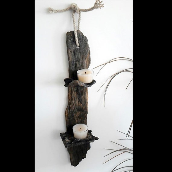 rustic wood candle drift wood candle holder wall by Vegacity