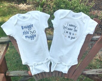 Harry Potter baby Muggle Onesie HP Quote Baby shower gift set Solemnly Swear I'm up to no good custom name baby shower gift baby clothes