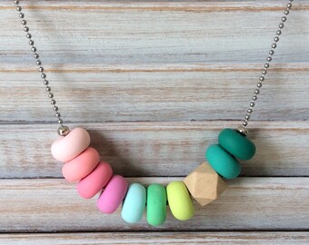 Multi coloured necklace, polymer clay necklace, beaded necklace handmade by rubybluejewels