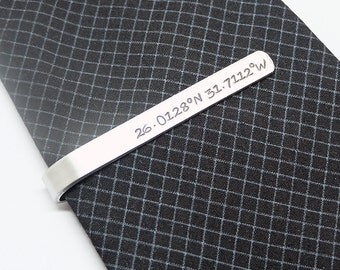 Coordinates Tie Clips- Hand stamped Tie Clips, Personalized Aluminum Tie Bars, Groomsmen Gift, Gift for Man, Wedding gift, Anniversary Gift.