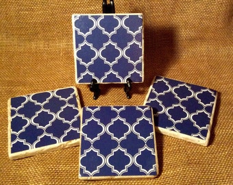 Navy Blue Lattice 4 Piece Coaster Set