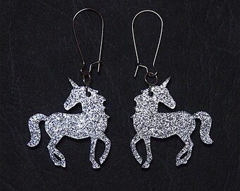 Unicorn Dangle Earrings in Sparkle Silver or Gold, Unicorn Earrings, Unicorn Dangles, Unicorn Jewelry, Fantasy Earrings, Titanium Earrings