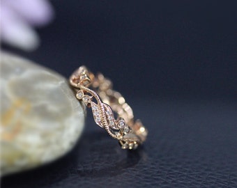Vintage Genuine Diamonds Wedding Ring Full Eternity Solid 14K Rose Gold Ring Anniversary Ring Stackable Ring Matching Band