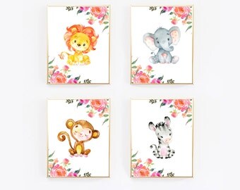 Set Of 4 Prints, Set Of Prints, Nursery Wall Art, Print Set, Animal Print, Watercolor Print, Baby Girl, Wall Print Set, Wall Prints, Gift