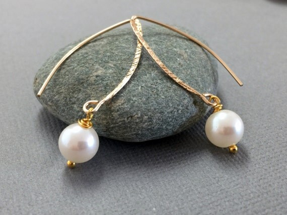 Delicate Gold Pearl Earrings Drop Pearl Hoop Earrings Hoop