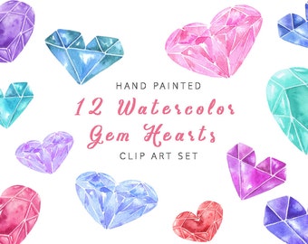 Watercolor heart clipart, hand painted watercolor love clip art, watercolor gem hearts