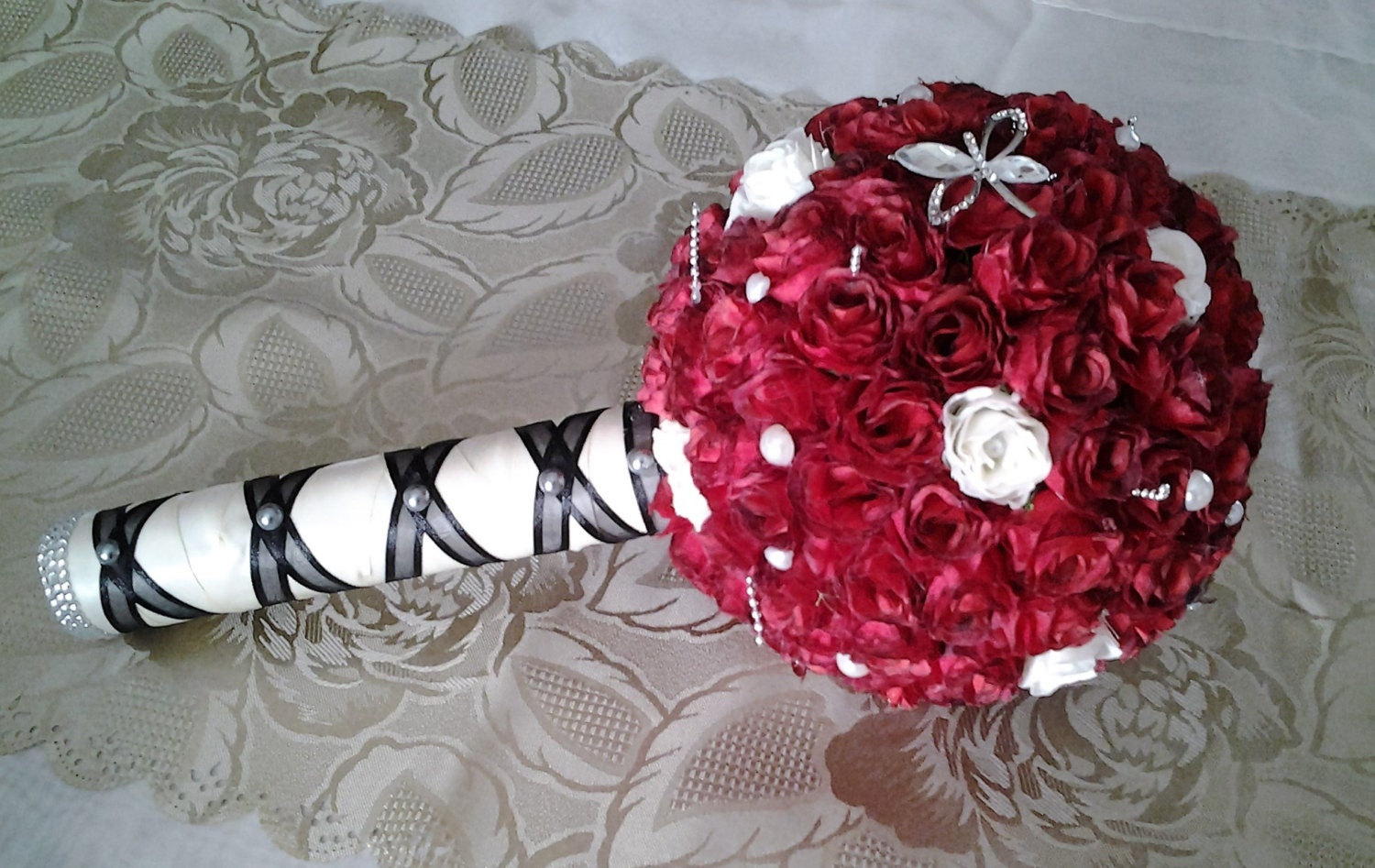 Bridal Bouquet Red Cream Roses Gems Satin by CaliSistersCreate