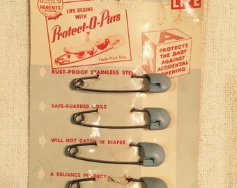 Blue Protect-o pin vintage diaper pins in stainless steel and hard plastic blue
