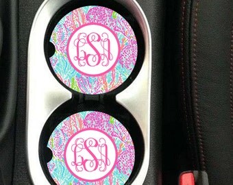 Monogrammed car coaster,Personalized Car Coaster,Monogram Car Coaster,Lilly Pulitzer Inspired His Her Gifts Party Gifts Cup Holder Coaster