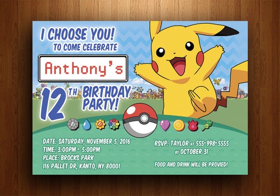 Pokemon Pikachu Birthday Invitation Digital Printable File