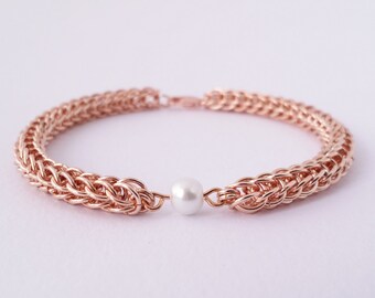 Rose gold and white glass pearl full persian weave chainmaille bracelet