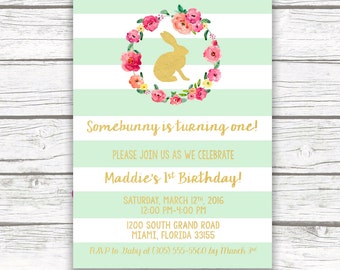 Bunny Birthday Invitation, Easter Birthday Invitation, Somebunny is Turning One Invite, First 1st Birthday Invitation Girl, Printable