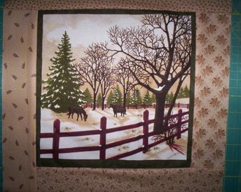 1 quilt block or pillow top snow scene fence horses machine made