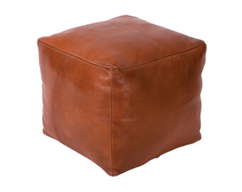 Moroccan Hand-sewn Authentic Tan Leather Cube Pouf