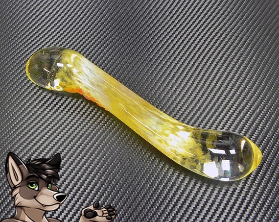 Double Ended Glass Dildo Patchy Amber With Textured Nubs
