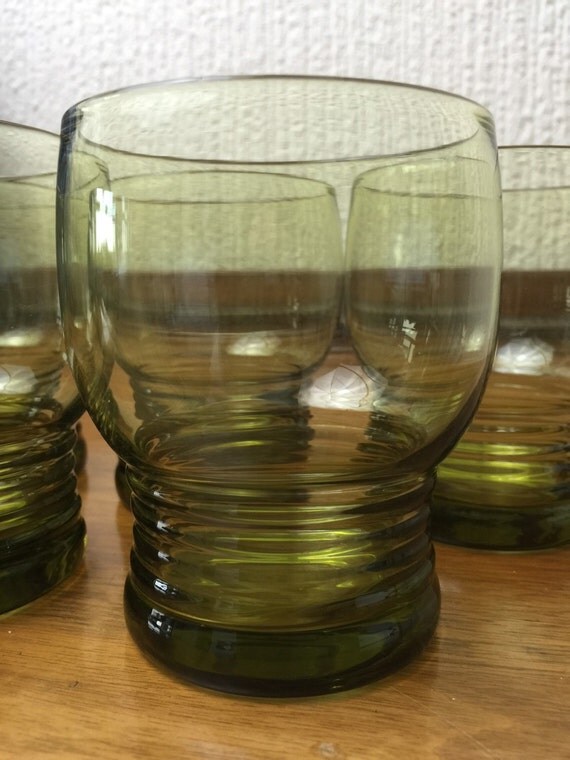 OLIVE GREEN RETRO Vintage Glass Tumblers - Set of 5 Green Heavy Bottom Heavy Bottom Drinking Glasses 1960s-70s - Retro Barware / Drinkware