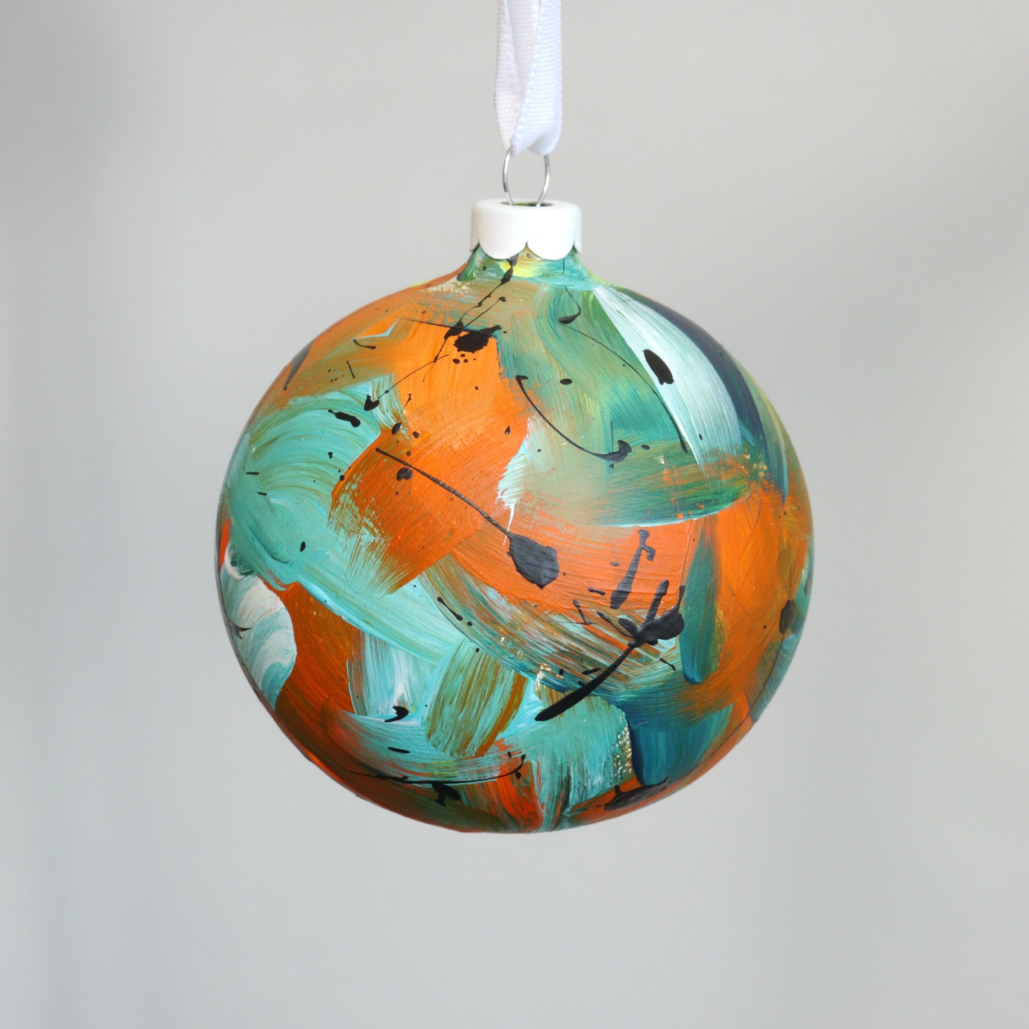 Hand Painted Ceramic Bauble // Orange Turquoise and Yellow