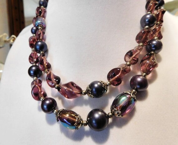 Designer Trifari Necklace Choker Vintage Glass Lucite Beads Beaded AB Mid Century Midcentury 1960s 60s Signed Trifari Double Strand Necklace