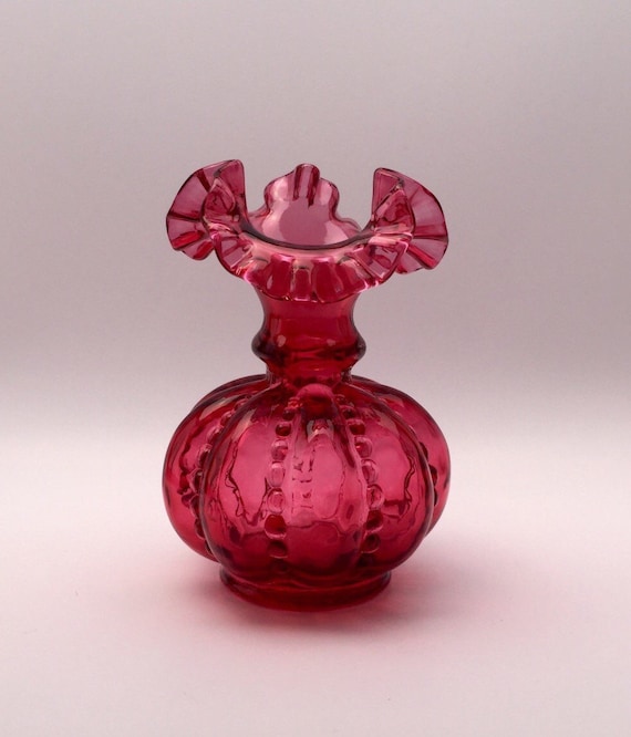 Fenton Cranberry Glass Ruffled Edge Vase Vintage Fenton Glass