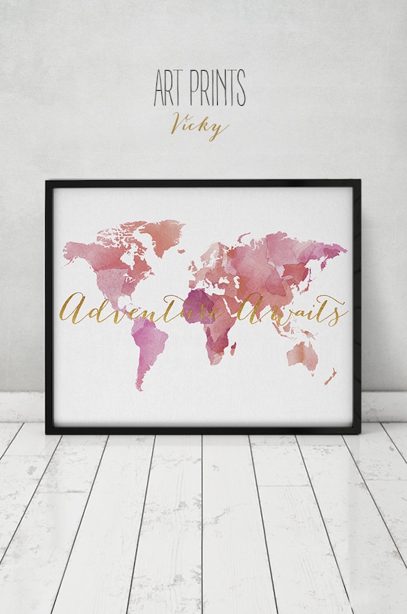 adventure awaits travel map world map watercolor print