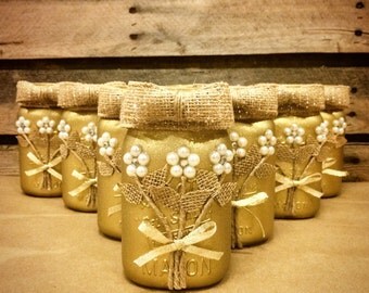 Gold Mason Jar, Wedding Mason Jar, Rustic Mason Jar, Rustic Wedding Decor, Wedding Centerpiece, 50th Anniversary Gift, Golden Anniversary