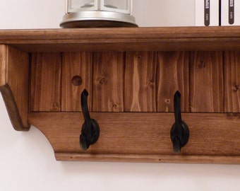 Entryway Coat Rack Wood Wall Shelf 35 Inches-Full color pattern/antique black hooks