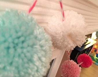 Pom pom garland, pink and teal garland, yarn garland, pom pom decor