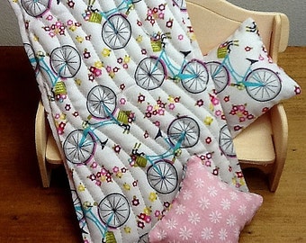 1/12 scale "Bikes and Baskets" single bed quilt set with two decorator cushions