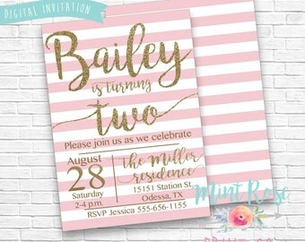 Pink & Gold Birthday Invitation, Personalized, Printable Invitation, Glitter, Any Age, Girl, Stripes, Modern, digital download