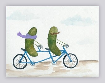 Whimsical Pickles on a Bicycle Built for Two Watercolor Art Print