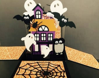 Halloween pop up card - Gouly pop up box card - 3D halloween card in a box - haunted house card - pumpkins and ghosts