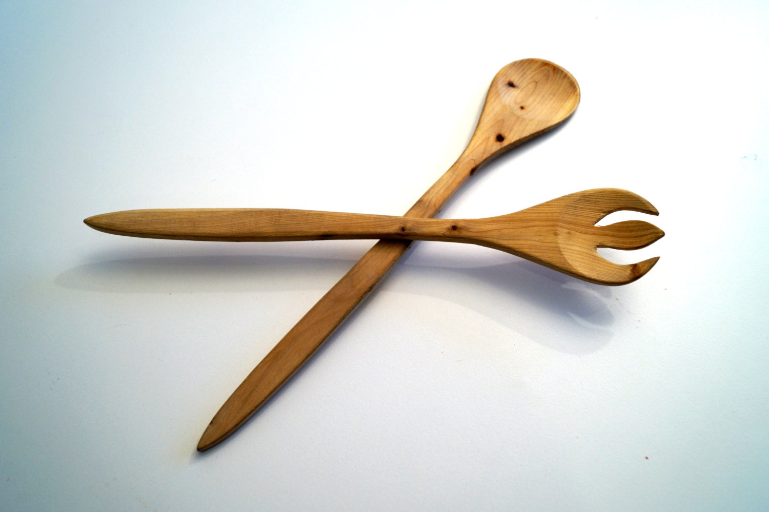 Wooden fork and spoon folk art hand carved salad serving