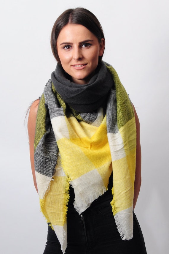 Women scarf mustard yellow and gray