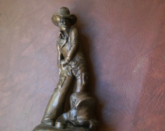 Vintage 1978 Bronze Chalkware Western Cowboy Sculpture Signed R J Moore 13.5 " Tall Statue