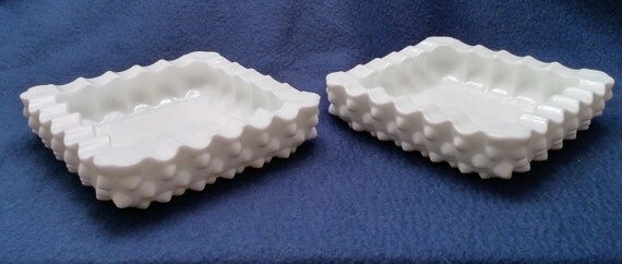 Fenton Hobnail Milk Glass Square Ashtray, Candy Dish (set of 2)