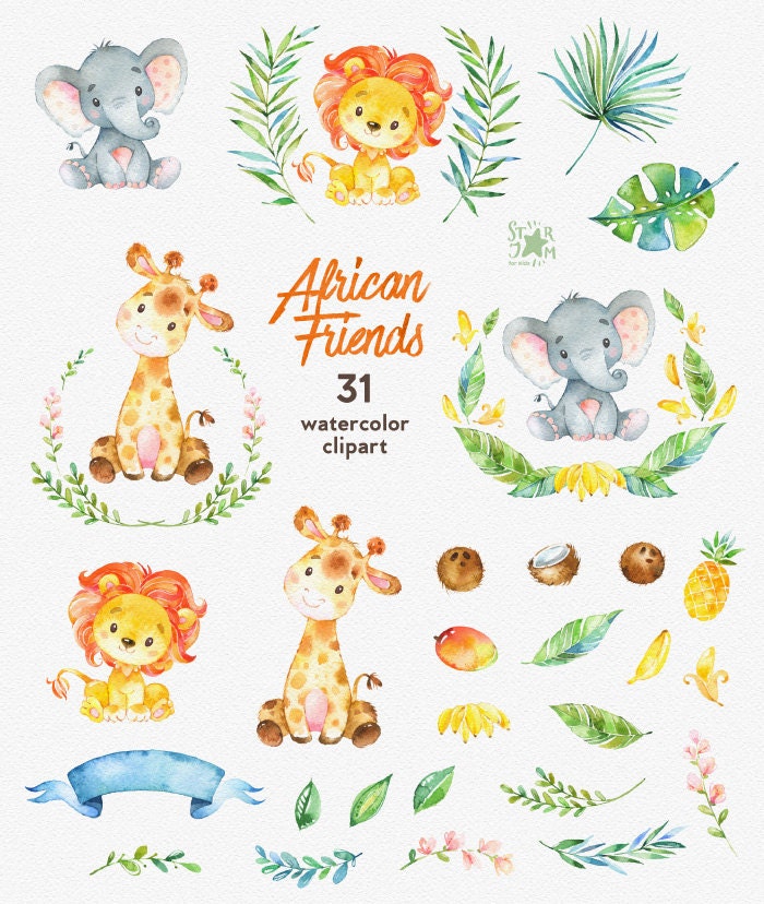 African Friends. Watercolor animals clipart lion by StarJamforKids