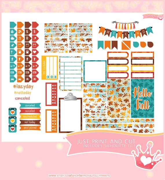 Hello Fall Kit  | Printable Planner Stickers | Happy Planner | Instant Digital Download with Silhouette file