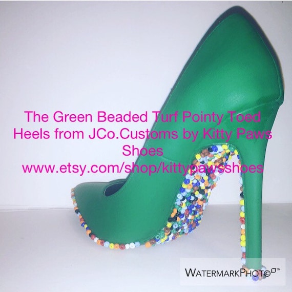 The Green Beaded Turf Pointy Toed Heels from by KittyPawsShoes