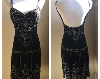 Vintage 20s Inspired Beaded Flapper Dress | Little Black Dress | Sue Wong 90s Vintage Cocktail Short Dress Dropped Waist | FREE SHIPPING