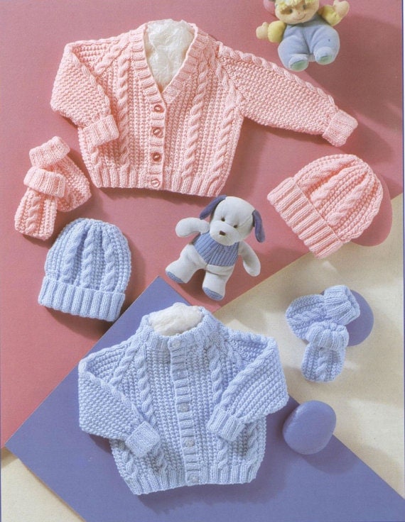 PDF Knitting Pattern Babys Cardigans Hat and Mittens