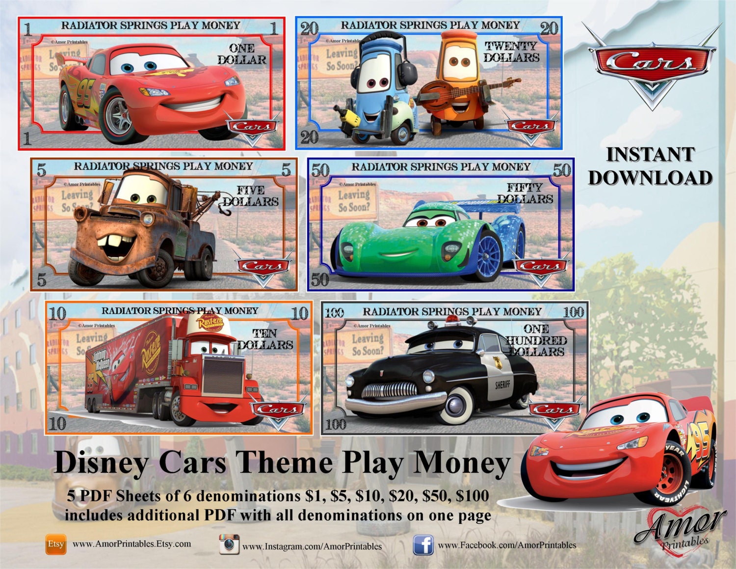 Play Money Disney Cars themed by AmorPrintables on Etsy