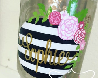 Striped Floral Monogram Decal | Floral Monogram Sticker | Custom Tumbler | Vinyl Sticker | YETI RTIC SIC Cup Acessory | Womens Yeti