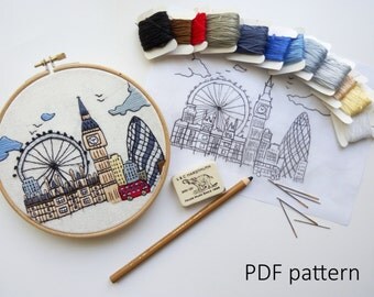 London, Great Britain. Hand Embroidery pattern PDF. Embroidery Hoop art, Wall Decor, Housewarming Gift. Free Hand embroidery guide!